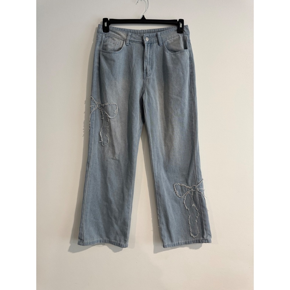 Distressed Bow Wide Leg Jeans Large Women Denim Coquette Balletcore Soft Girl